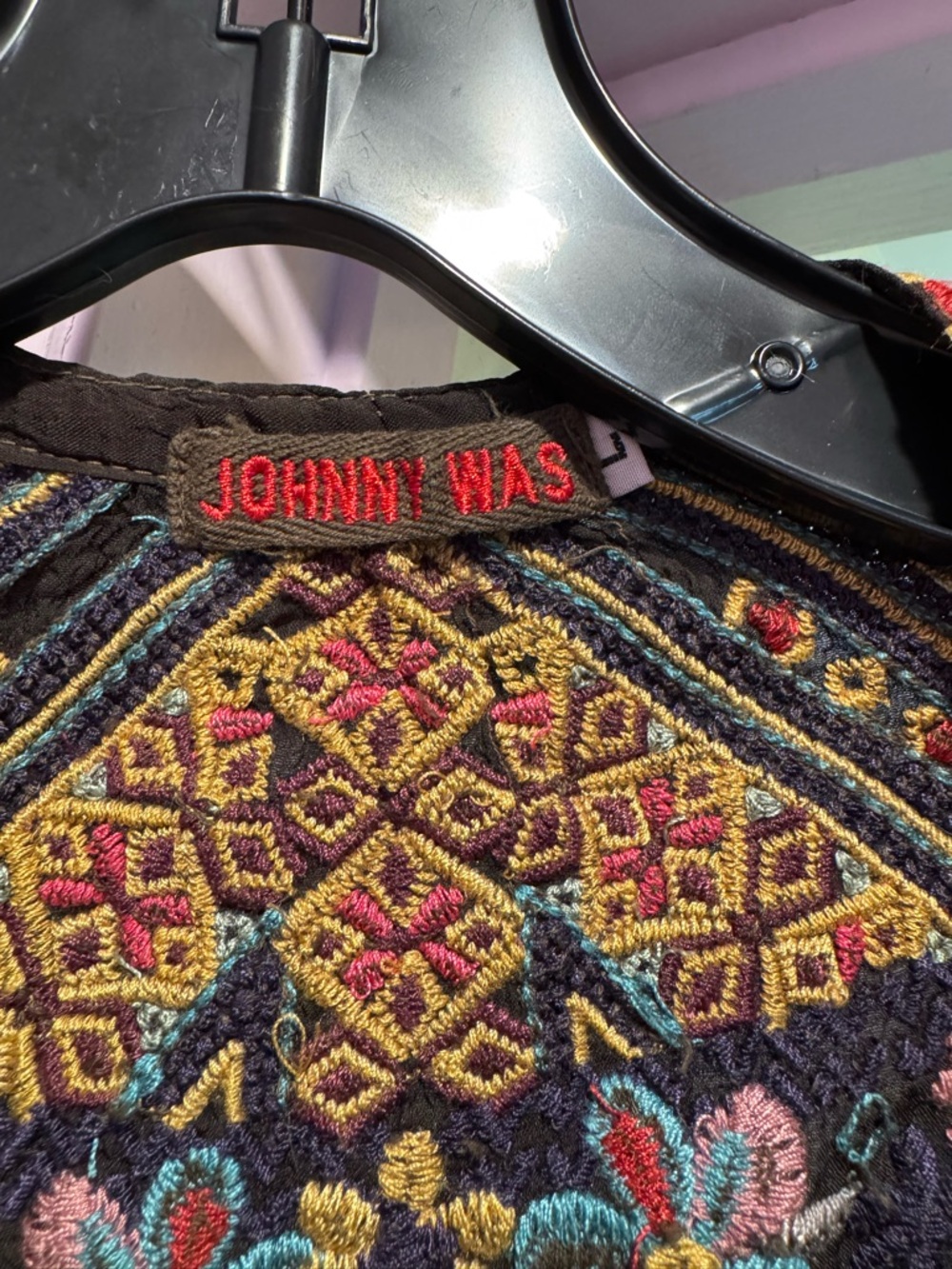 Johnny Was Size L Black Embroidered V-Neck Tunic with Multi-Color Floral Detail - Picture 3 of 9